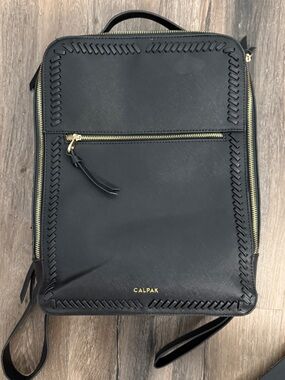 Calpak Black Laptop Folio with Woven Edge and Gold Zippers